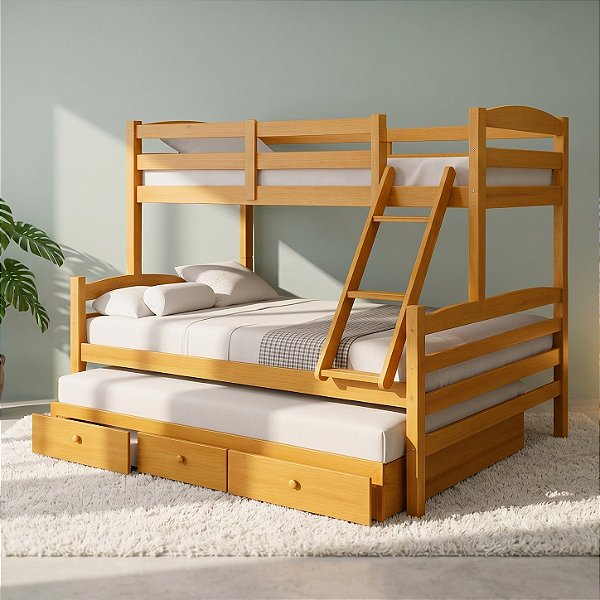Cama Treliche Casal Casal Madeira Maciça 3 Gavetas
