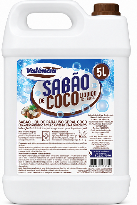 DETERGENTE LIQ P/ROUPA COCO 5L - VALÊNCIA