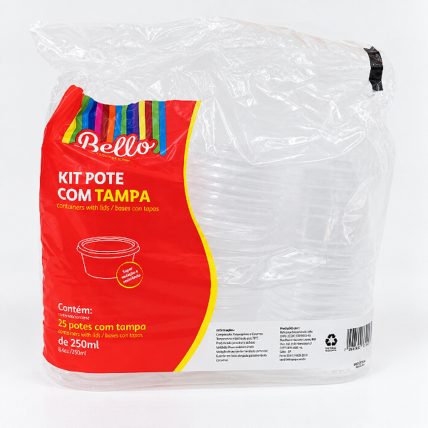 KIT TAMPA E POTE 250ML TRANSP 25UN - BELLO