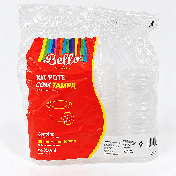 KIT TAMPA E POTE 350ML TRANSP 25UN - BELLO