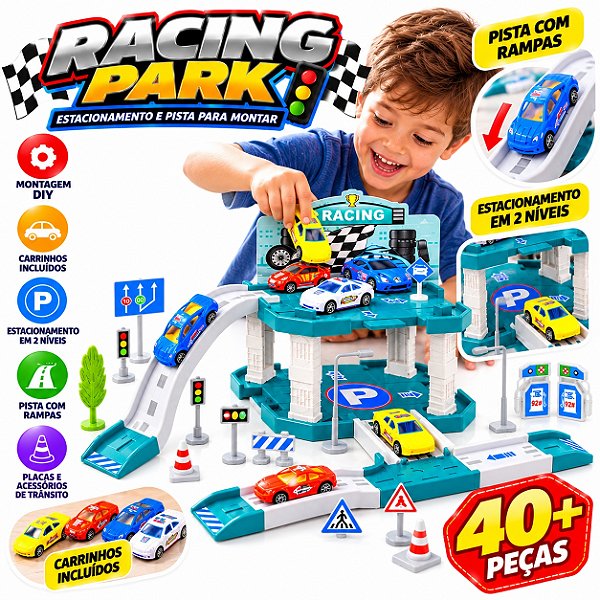 Pista Carrinho Infantil Racing Park 40+ Peças Garagem 3+