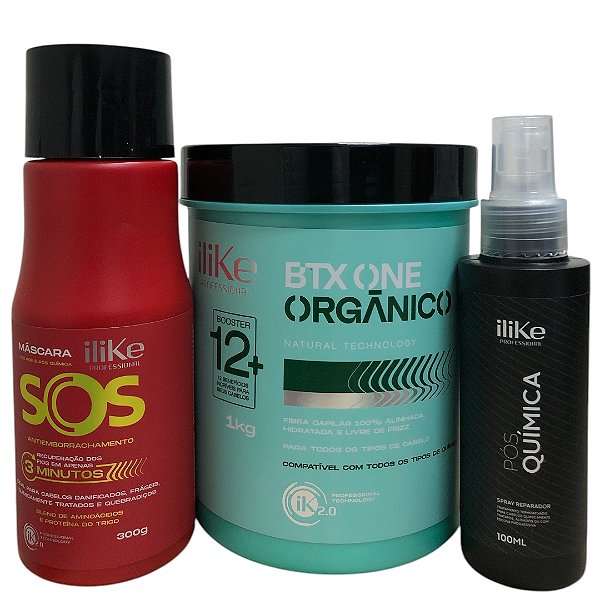 iLike Kit Liso Orgânico Perfeito - 3 Produtos - Btx Orgânico 1kg  - Máscara SOS - Spray Pós Química