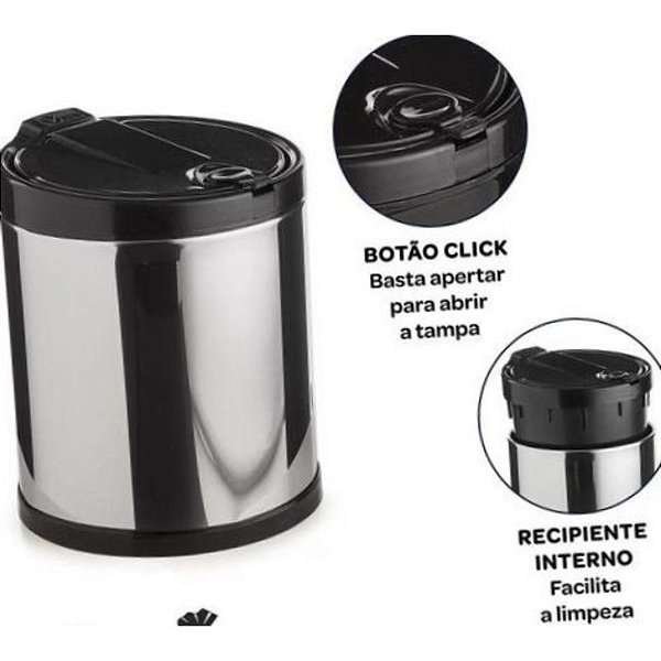 LIXEIRA PARA PIA ACO INOX TAMPA CLICAR PRETA / RECIPIENTE POLIP 2,5 LITROS