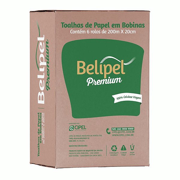TOALHA BOBINA BELIPEL PREMIUM 100% CEL C/ 06 X 20 CM X 200 MTS - LX