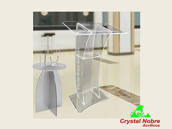 Púlpito De Acrílico Tradicional Nobre 02 Curvo 1PC Com Mesa Assistente
