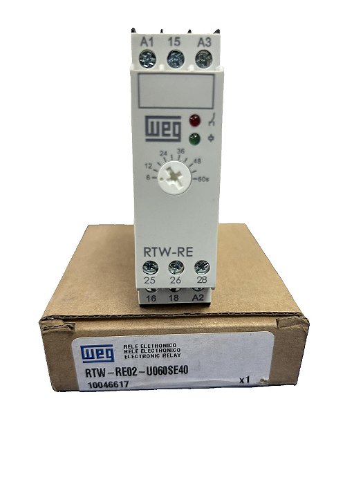 Relé de Tempo Ret. na Energização 6..60Seg. 220Vca/24Vcc 10046617 *RTW-RE02-U060SE40 Weg