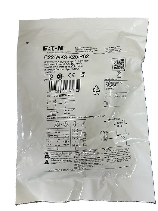 Seletora c/cabo 22mm 2NA 186170 *C22-WK3-K20-P62 Eaton