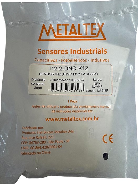 Sensor Indutivo M12 2mm NPN 1Na+1Nf 24Vcc Conec *I12-2-DNC-K12 Metaltex