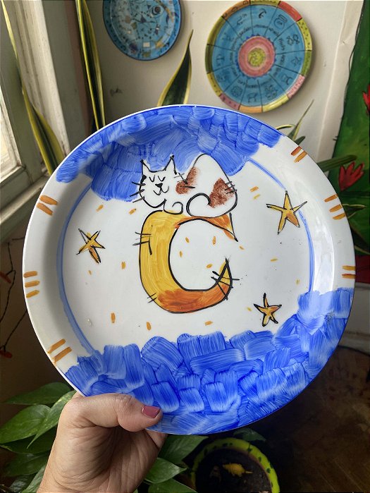 Prato Raso de porcelana - Gato e Lua