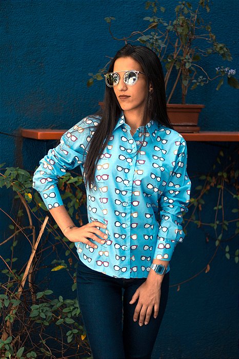 CAMISA ALFAIATARIA Tricoline Feminina Modelo: BIA cor Azul