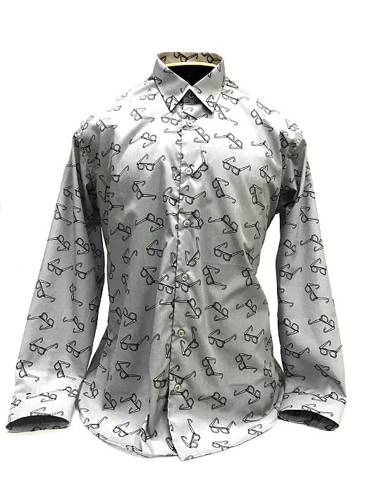 CAMISA ALFAIATARIA Tricoline Masculina Modelo: STRACCIATTINA_VAZADO cor Cinza