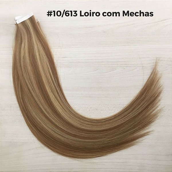 Mega Hair Fita Adesiva Loiro Escuro com Mechas - 10 mechas