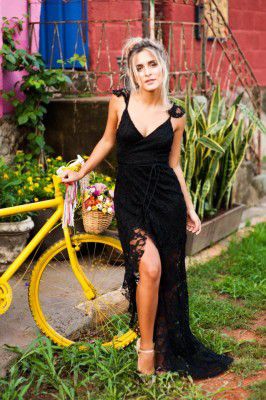 vestido longo preto transpassado
