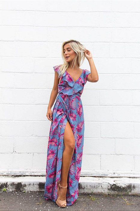 Vestido Longo Estampado em Viscose com Fenda