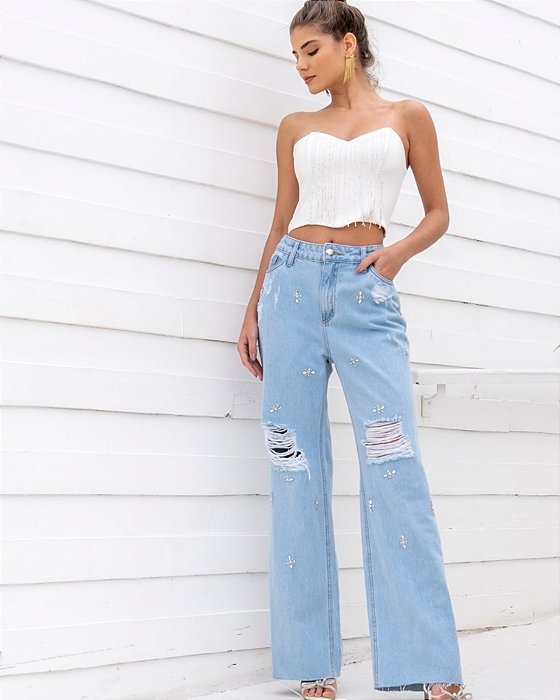 Calça jeans feminina wide  bordada a mão, rasgada no joelho