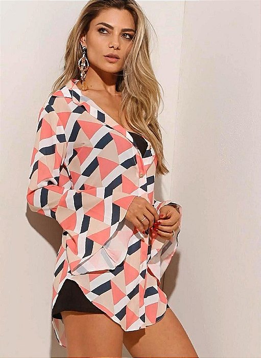Camisa feminina manga longa com estampa colorida de sedinha
