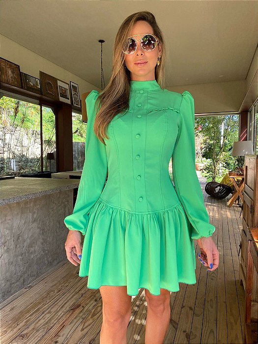 Vestido feminino verde curto manga longa em alfaiataria com elastano