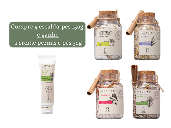 Compre 4 escalda-pés 150g e ganhe 1 creme pernas e pés 30g!