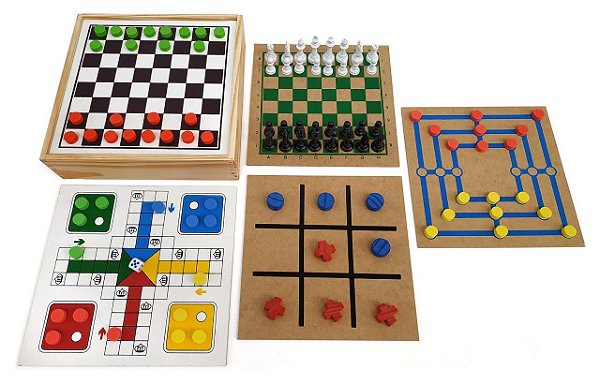 Brinquedo Educativo Jogo 5 Em 1 Dama Trilha  Ludo Velha Xadrez Caixa Madeira