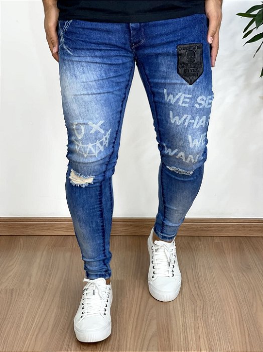 Calça Jeans Super Skinny Escura Bordado Courino Destroyed