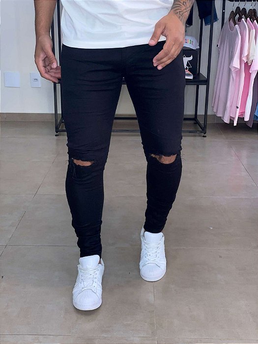 Calça Preta Super Skinny Rasgo no Joelho Pulí - Colin Denim