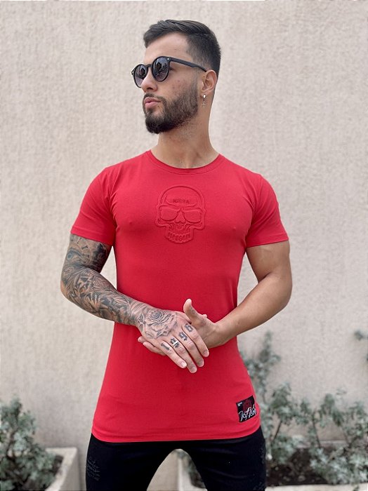 Camiseta Longline Vermelha Estampa Relevo Skull - Kreta %