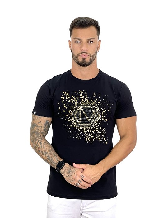 Camiseta Longline Masculina Preta Logo Splash Dourado