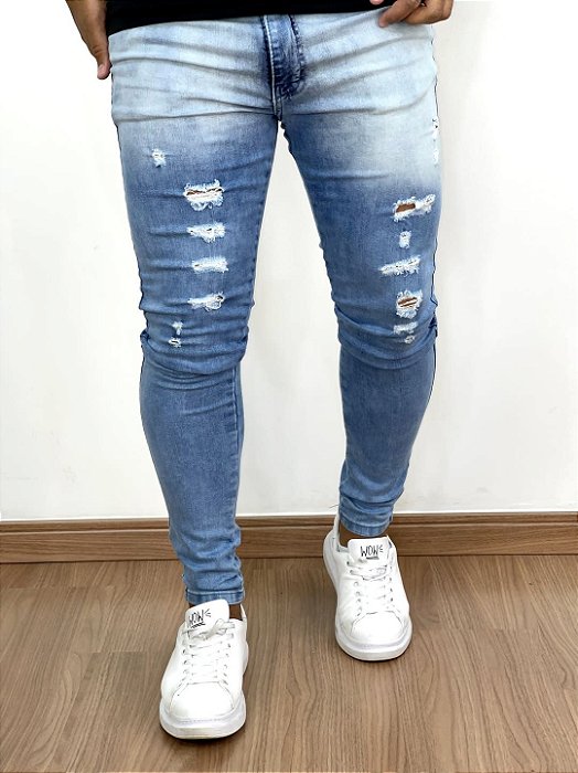 Calça Jeans Masculina Super Skinny Clara Destroyed Coxa*