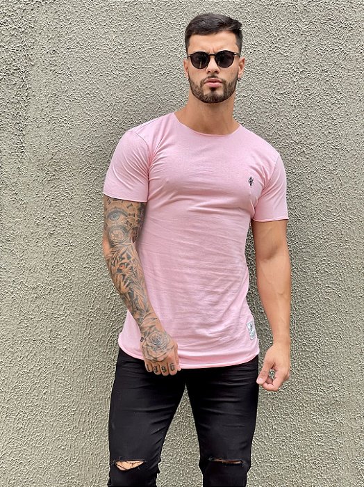 Camiseta Longline Masculina Rosa Claro Logo Básico #