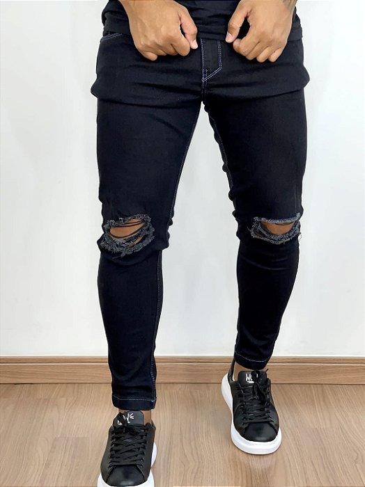 Calça Jeans Masculina Super Skinny Preta Rasgo No Joelho Linha Azul*