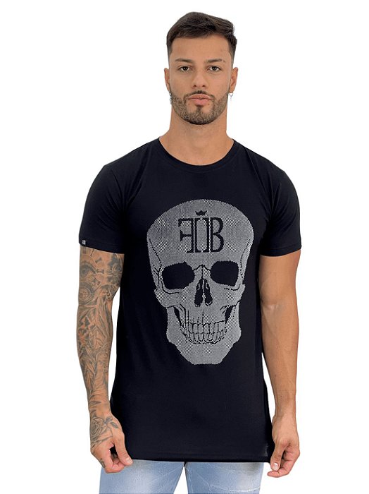 Camiseta Longline Masculina Preta Skull Pinos