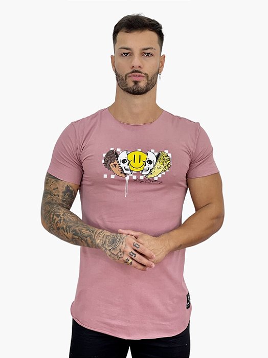 Camiseta Longline Masculina Salmão Rostos Smile#