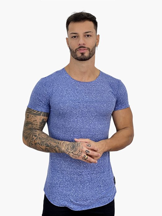 Camiseta Longline Masculina Azul Marmorizado Escritas Azul#