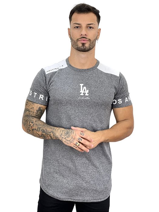 Camiseta Longline Masculina Cinza Recorte Ombro LA#