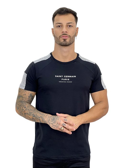 Camiseta Longline Masculina Preta Recorte Saint Germain