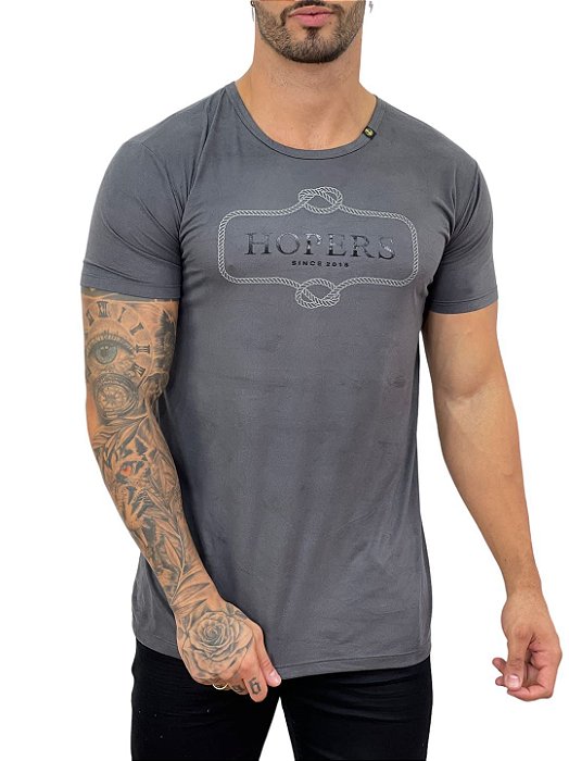 Camiseta Longline Masculina Suede Cinza Logo Corda