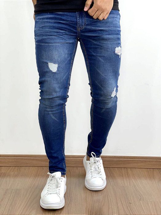 Calça Jeans Masculina Super Skinny Escura Destroyed Leve