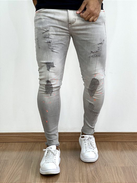 Calça Jeans Masculina Super Skinny Cinza Claro Destroyed Respingo