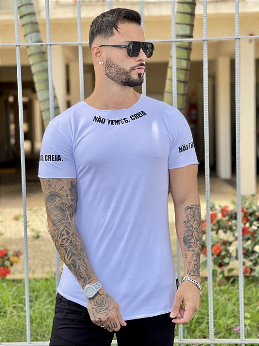 Camiseta Longline Masculina Branca Não Temas #