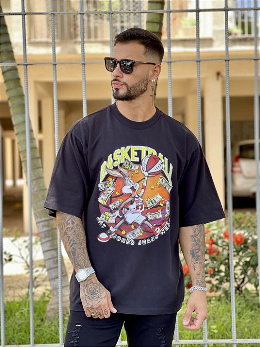 Camiseta Oversized Masculina Preta Estampa Pernalongas Basket