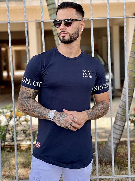 Camiseta Longline Masculina Azul Marinho LA Industries #