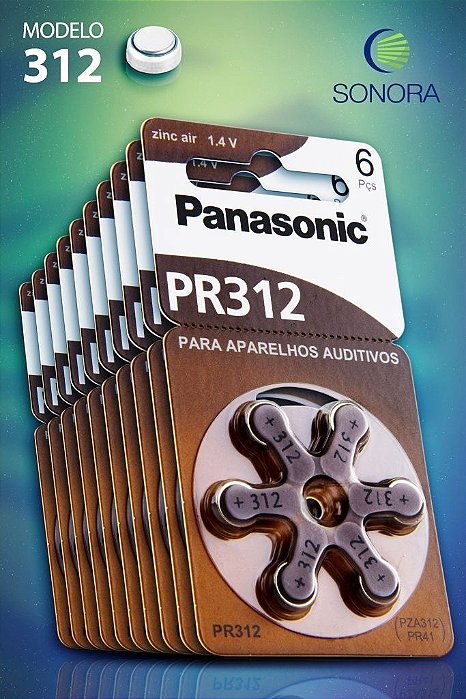 Panasonic PR312 / PR41 - 10 Cartelas - 60 Baterias para Aparelho Auditivo