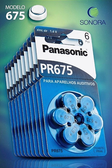 Panasonic PR675 / PR44  - 10 Cartelas - 60 Baterias para Aparelho Auditivo