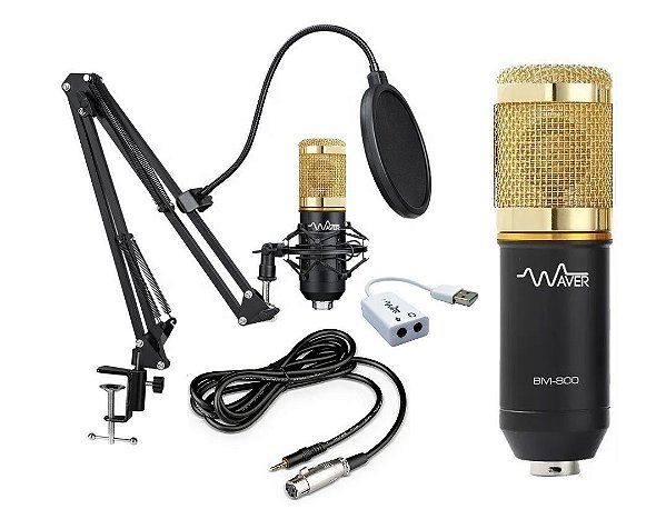kit Microfone BM-800 Waver + Suporte Articulado + Pop Filter + Adaptador USB 7.1 - Preto C/Dourado