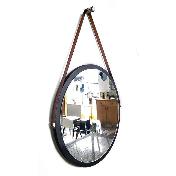 Espelho Adnet Decorativo Redondo de Parede com Alça de Couro Diâmetro 48 cm preto e marrom