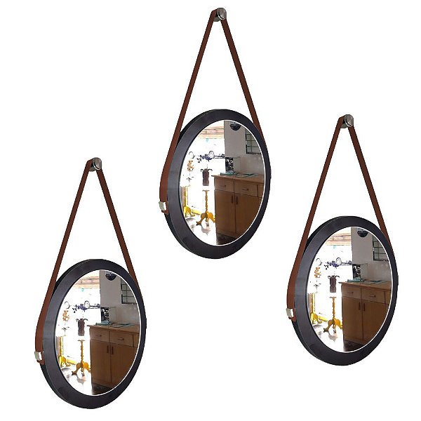 Kit 3 espelhos Adnet Decorativo Redondo de Parede com Alça de Couro Diâmetro 28 cm preto e marrom