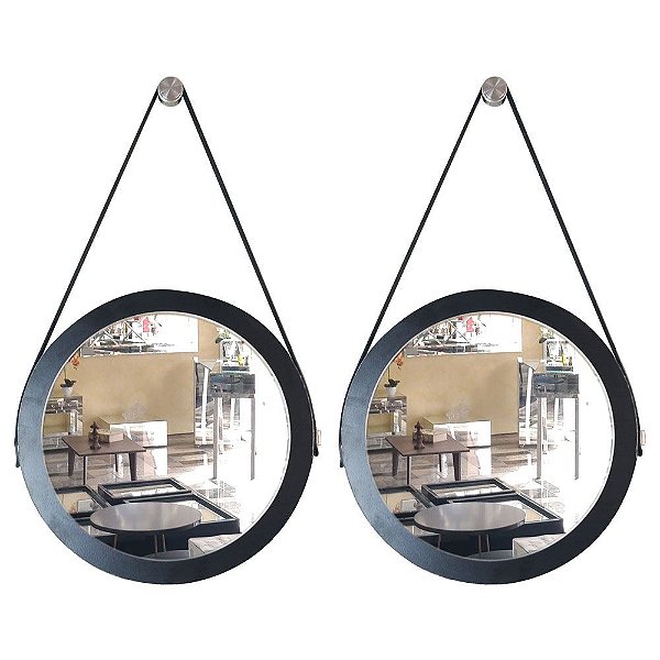Kit 2 espelhos Adnet Decorativo Redondo de Parede com Alça de Couro Diâmetro 28 cm preto