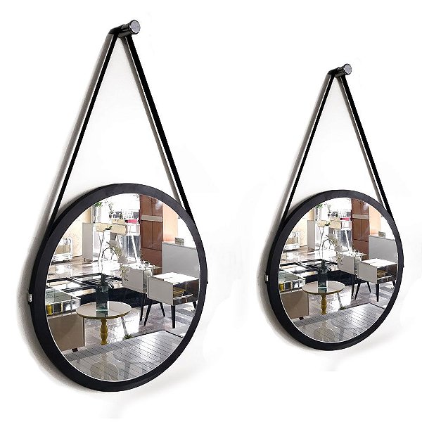 Kit 2 espelhos Adnet Decorativo Redondo de Parede com Alça de Couro Diâmetro 58 e 48 cm preto