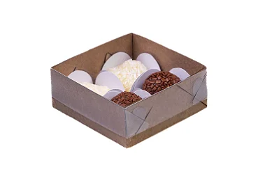 05 Caixas p/ 4 Doces - c/ Tampa de Acetato 8,5x8,5x3,5 cm Kraft