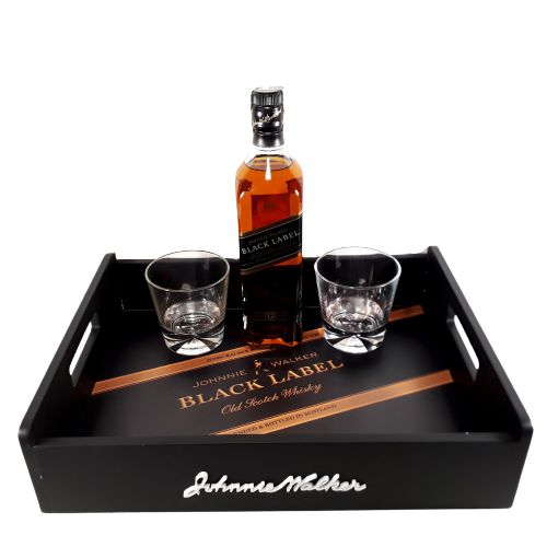 Kit Whisky Johnnie Walker Black Label + Bandeja + 2 Copos